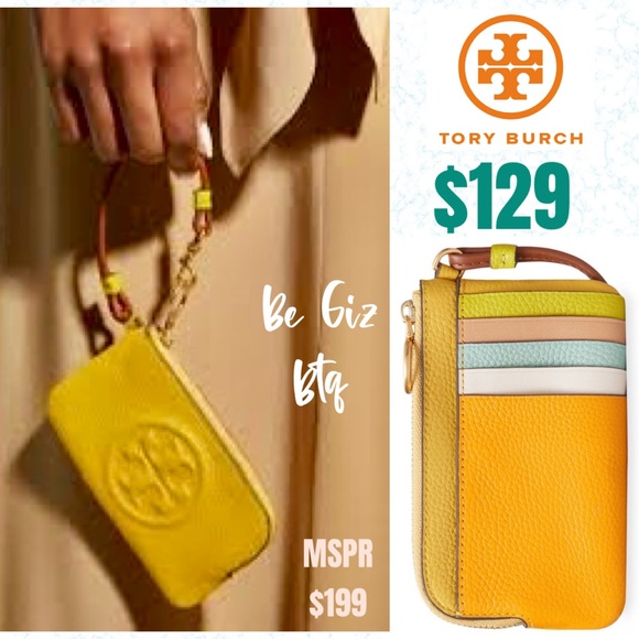 🆕 Tory Burch Authentic Perry Bombé Leather Color Block Zip Card Case Yellow NWT - Picture 1 of 12